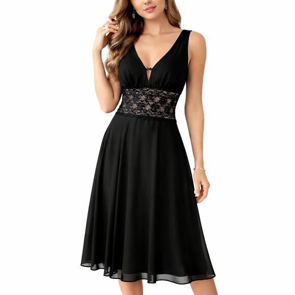 connected apparel Dresses & Skirts - Y2K Dark Croquette Midi Cocktail Dress Lace Sheer Chiffon Black Size 12